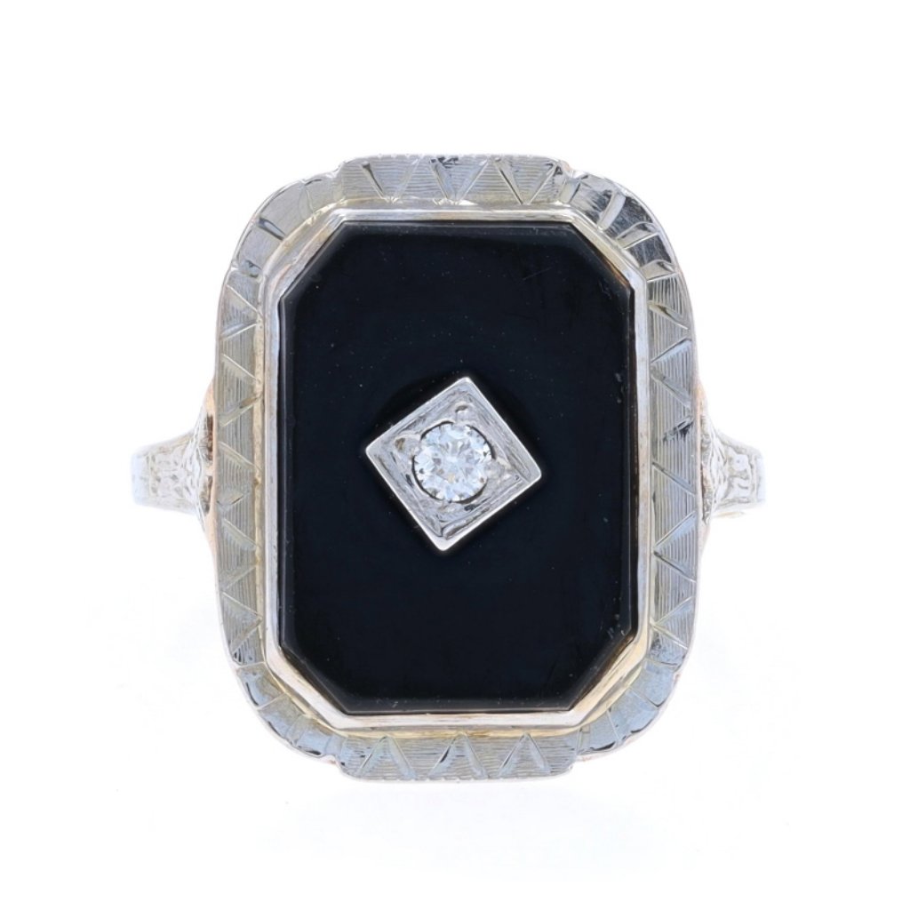 Yellow Gold Onyx Diamond Art Deco Ring  10k Etched